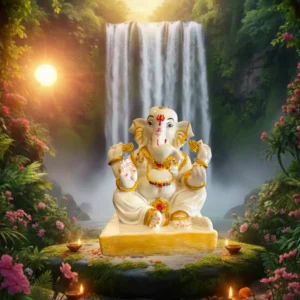 Marble Dust 10 Inch Lord Ganesha Statue | Handcrafted Spiritual Idol for Home & Office (White, Gold)