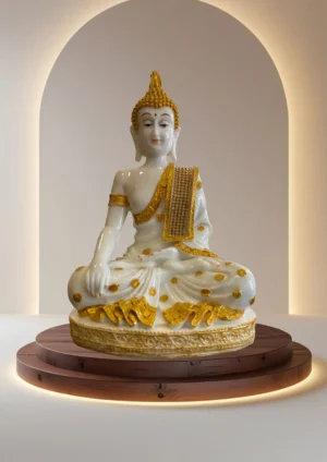Marble Dust 11-inch Sitting Buddha Statue | Meditation Showpiece for Home & Office Décor Decorative Showpiece - 27.94 cm (Marble, White, Gold)