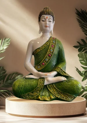 Marble Dust 12-inch Meditating Buddha Statue | Handcrafted Peaceful Home & Office Décor Decorative Showpiece - 30.48 cm (Marble, Green, Gold)