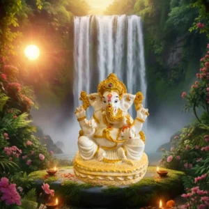 Marble Dust 12-inch Sitting Ganesha Idol | White & Gold Handcrafted Murti (White, Gold)