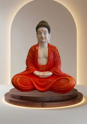 Marble Dust 13-inch Meditation Buddha Statue | Handcrafted Idol for Home and Office Décor Decorative Showpiece - 33.02 cm (Marble, Gold, Orange)
