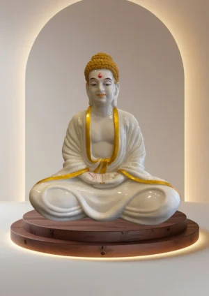 Marble Dust 13-inch Meditation Buddha Statue | Handcrafted Idol for Home and Office Décor Decorative Showpiece - 33.02 cm (Marble, White, Gold)