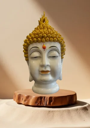 Marble Dust 14.5-inch Buddha Head Statue | Handcrafted for Home, Office & Meditation Décor Decorative Showpiece - 36.83 cm (Marble, White, Gold)