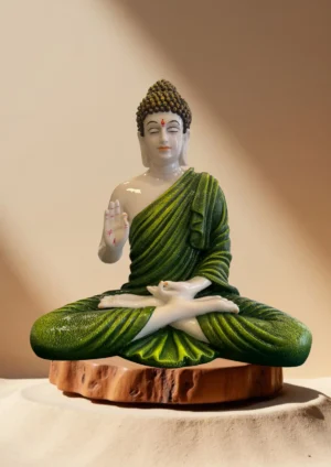 Marble Dust 15-inch Buddha Statue | Handcrafted Idol for Home, Office & Meditation Décor Decorative Showpiece - 38.1 cm (Marble, Green, Gold)