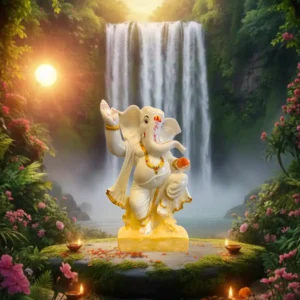 Marble Dust 15-inch Dancing Lord Ganesha | Premium White & Gold Idol (White, Gold)