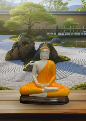 Marble Dust 16-inch Buddha Statue | Meditating Idol for Home, Office & Spiritual Décor Decorative Showpiece - 40.64 cm (Marble, Gold, Orange)