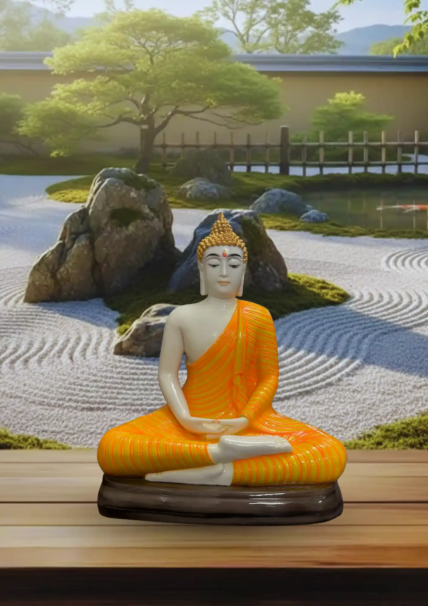 Marble Dust 16-inch Buddha Statue | Meditating Idol for Home, Office & Spiritual Décor Decorative Showpiece - 40.64 cm (Marble, Gold, Orange)