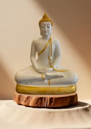 Marble Dust 16-inch Buddha Statue | Meditating Idol for Home, Office & Spiritual Décor Decorative Showpiece - 40.64 cm (Marble, White, Gold)