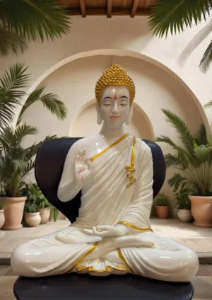 Marble Dust 22-inch Buddha Statue | Meditating Idol for Home, Garden & Office Décor (Marble, White, Gold)