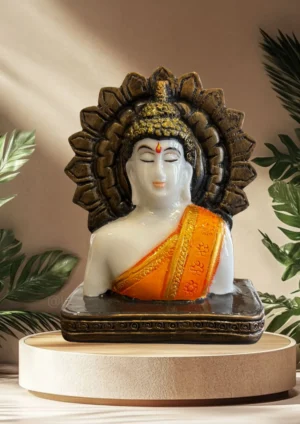 Marble Dust 4.5-Inch Divine Buddha Head Idol For Home, Office, Temple & Gifting (Marble, Orange, Brown)
