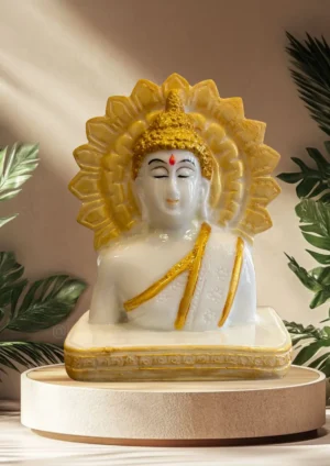 Marble Dust 4.5-Inch Divine Buddha Head Idol For Home, Office, Temple & Gifting (Marble, White, Gold)