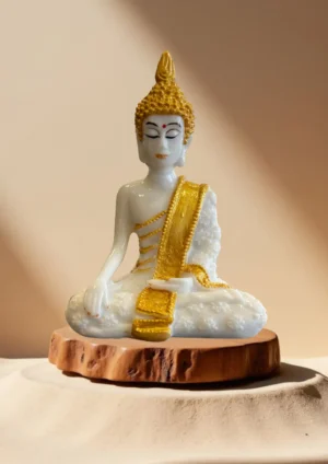 Marble Dust 5-Inch Meditating Buddha Idol For Home, Office, Temple & Gifting Decorative Showpiece - 12.7 cm (Marble, White, Gold)