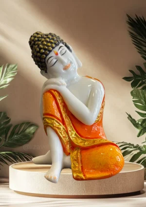 Marble Dust 6.5-Inch Resting Buddha Statue for Home, Temple & Office Décor Decorative Showpiece - 16.5 cm (Marble, Orange, Brown)