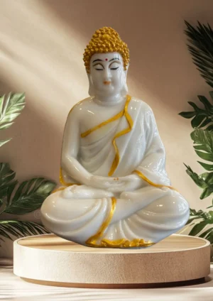 Marble Dust 6-Inch Meditating Buddha Idol for Home, Temple & Office Décor Decorative Showpiece - 15.24 cm (Marble, White, Gold)