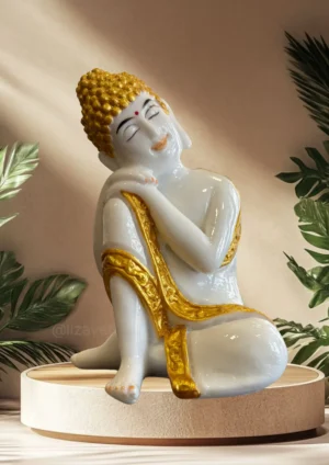 Marble Dust 6.5-Inch Resting Buddha Statue for Home, Temple & Office Décor Decorative Showpiece - 16.5 cm (Marble, White, Gold)