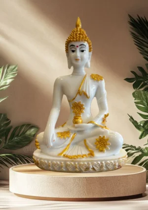 Marble Dust 6.5-Inch Sitting Buddha Idol | Handcraft Statue for Home & Office Décor Decorative Showpiece - 16.5 cm (Marble, White, Gold)
