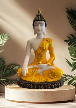 Marble Dust 6.5-Inch Sitting Buddha Idol | Handcraft Statue for Home & Office Décor Decorative Showpiece - 16.5 cm (Marble, Orange, Brown)