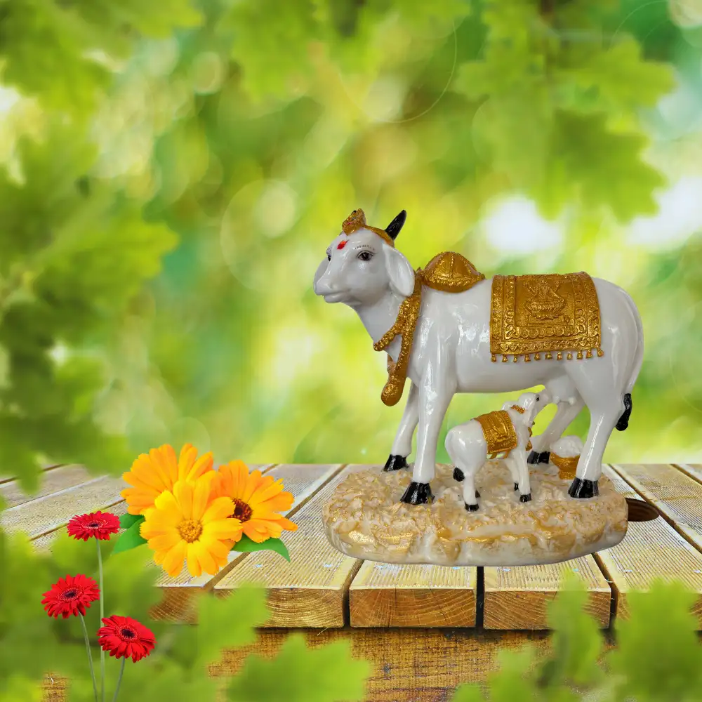Marble Dust 7-inch Kamdhenu Cow and Calf Idol | Statue for Home Temple & Gift Purpose (Gold, White) - Image 3