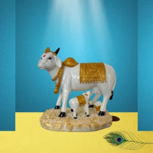 Marble Dust 7-inch Kamdhenu Cow and Calf Idol | Statue for Home Temple & Gift Purpose (Gold, White)