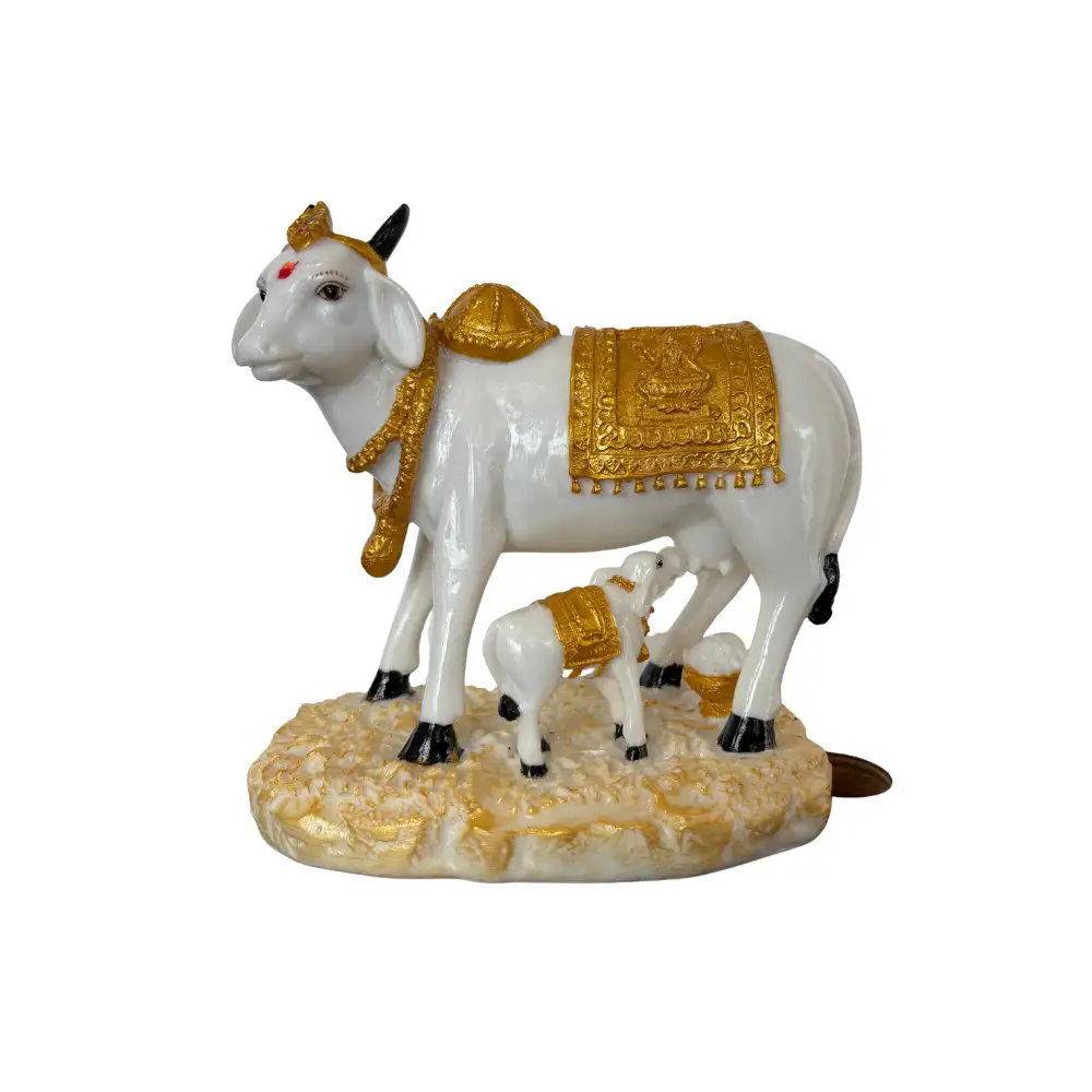 Marble Dust 7-inch Kamdhenu Cow and Calf Idol | Statue for Home Temple & Gift Purpose (Gold, White) - Image 4