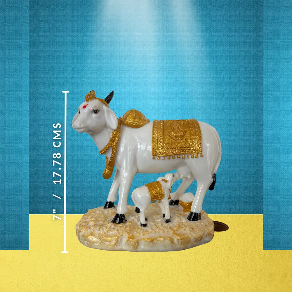 Marble Dust 7-inch Kamdhenu Cow and Calf Idol | Statue for Home Temple & Gift Purpose (Gold, White) - Image 2