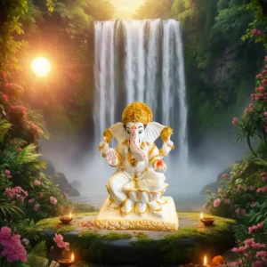 Marble Dust 7-inch Lord Ganesha Lotus Idol | Handcrafted Decorative Statue for Home & Office (White, Gold)