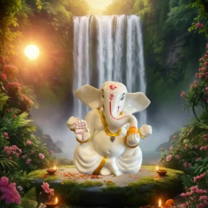 Marble Dust 8 Inch Lord Ganesha Idol | Handcrafted Statue for Home Décor & Worship (White, Gold)