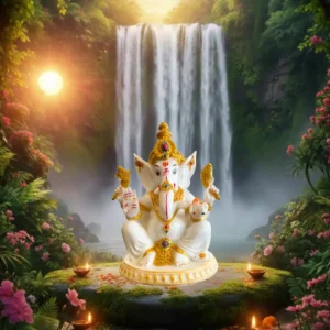 Marble Dust 8-inch Handcrafted Lord Ganesha Idol | Spiritual Home & Office Décor (White, Gold)