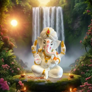 Marble Dust 8-inch Lord Ganesha Blessing Pose | Handcrafted Home & Office Idol (White, Gold)