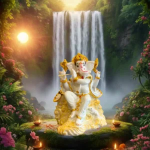 Marble Dust 8-inch Lord Ganesha on Cloud with Scale | Handcrafted Idol (White, Gold)