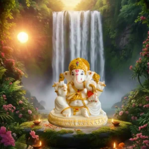 Marble Dust 8-inch Lord Ganesha with Modak | Handcrafted Idol for Home & Office (White, Gold)