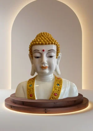 Marble Dust 9.5-inch Buddha Bust Statue | Handcrafted Peaceful Murti for Home & Office Décor Decorative Showpiece - 24.13 cm (Marble, White, Gold)