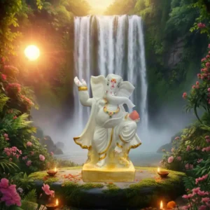 Marble Dust Dancing Lord Ganesha 9-inch | Handcrafted White & Gold Idol (White, Gold)