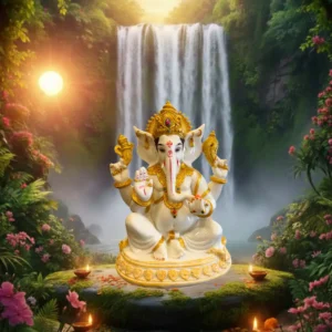 Marble Dust Handcrafted 12-inch Lord Ganesha | White & Gold Spiritual Idol (White, Gold)