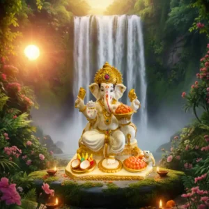 Marble Dust Handcrafted 14 Inch Lord Ganesha Idol | White & Gold Decorative Statue (White, Gold)