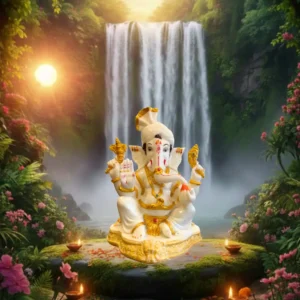 Marble Dust Handcrafted 9 Inch Lord Ganesha Idol | Decorative Statue for Home & Office (White, Gold)