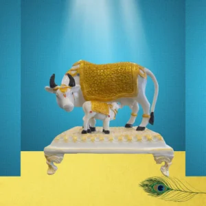 Marble Dust 10-inch Kamdhenu Cow and Calf Idol on Decorative Base | for Pooja Room & Temple (Gold, White)