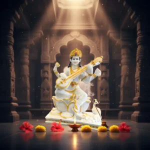 Marble Dust 12 Inch Goddess Saraswati Idol | Veena Pose with Peacock