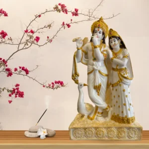 Marble Dust 12-inch Divine Radha Krishna Idol | Krishna with Radha Playing Flute for Home Decor