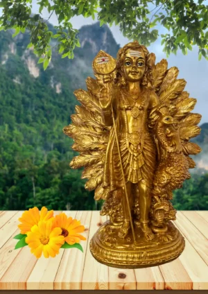 Marble Dust 12-inch Lord Murugan Idol | Marble Dust Statue with Peacock & Feather Aura