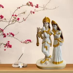 Marble Dust 12-Inch Celestial Radha Krishna Sculpture | Seated Couple with Musical Aura