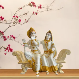 Marble Dust 12-Inch Handcrafted Radha Krishna Idol | Seated Marble Dust Sculpture for Spiritual Décor