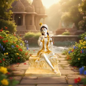 Marble Dust 14 Inch Sitting Lord Krishna Idol with Flute | Handcrafted Spiritual Statue for Home Temple & Gifting