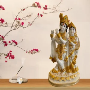 Marble Dust 16-inch Radha Krishna Idol | Krishna Playing Flute with Radha Statue for Home