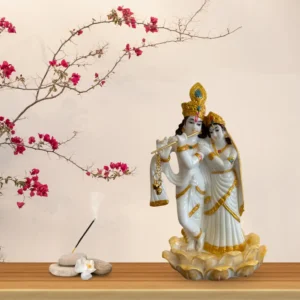 Marble Dust 8-inch Radha Krishna Idol on Lotus Base | Decorative Statue for Home Temple