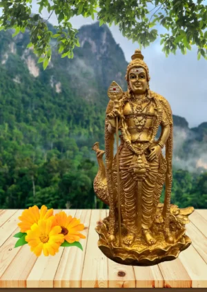 Marble Dust 9 Inch Murugan Ji Idol with Peacock Base | Handcrafted Marble Dust Statue for Home Temple & Décor