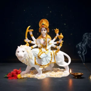 Marble Dust Sherawali Durga Idol 10 Inch | Seated on Lotus with Weapons