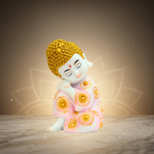 Pink & Gold Buddha Marble Dust Statue 8 Inch Meditating Decor