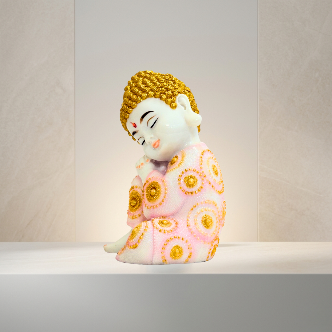 Pink & Gold Buddha Marble Dust Statue 8 Inch Meditating Decor - Image 3