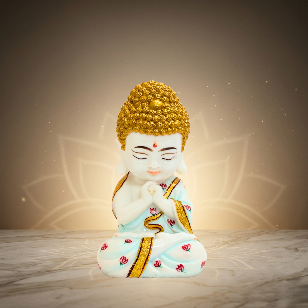 White & Gold Meditating Buddha Statue 8 Inch Home Decor